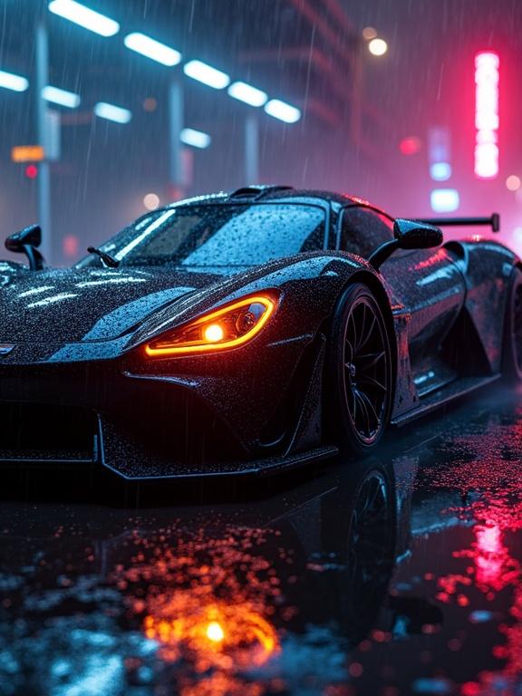 Futuristic car depicted in a rain-soaked city environment with neon lights and deep shadows. Car features sharp details. Superhero face is integrated inside the car in a vibrant comic book style.