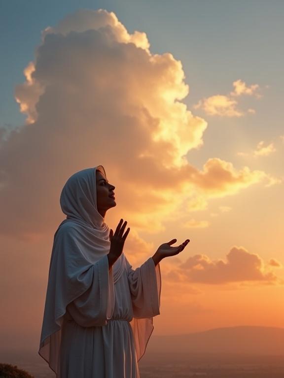 A human figure stands at dawn with arms open to the sky. The figure expresses total surrender and gratitude. The sky features warm tones and silhouettes of flags indicating a yearning for peace.