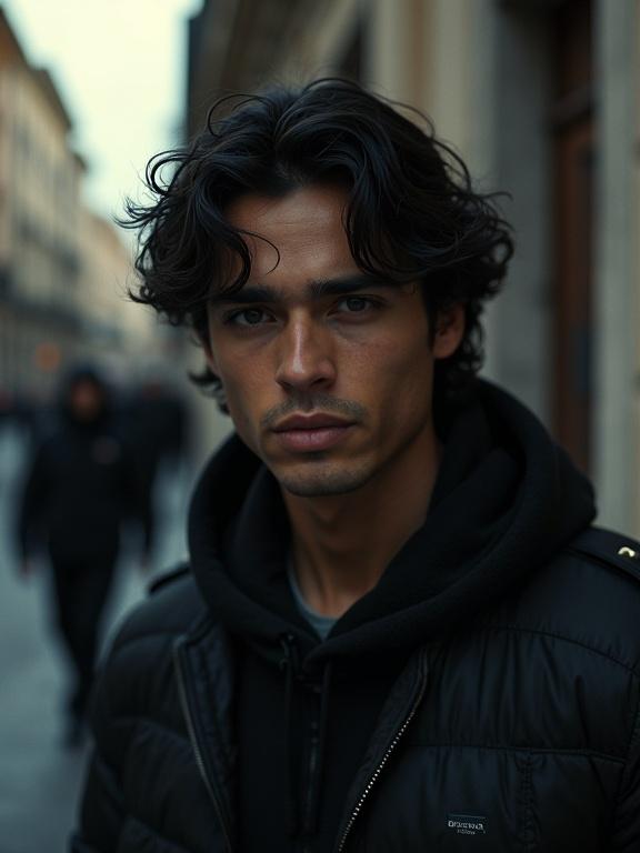 A handsome twenty five year old Latin man stands in a gritty setting. Thick dark wavy hair and dark clothing. Three cartel gunmen create a mysterious atmosphere in the background. The scene is captured with a tense daylight feel. Photorealistic style.