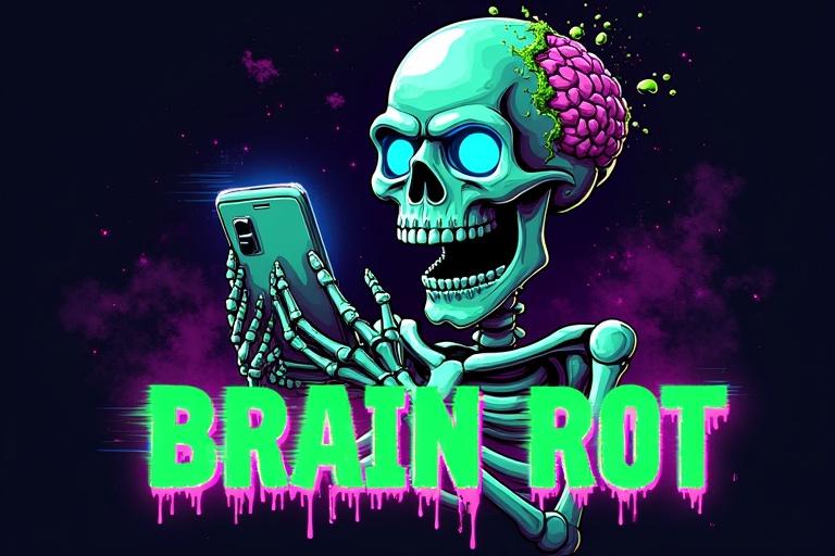 Create a YouTube thumbnail 1280x720 for a tech video in a glitchy neon style. Central skeleton has glowing blue eyes and a surprised expression, holding a smartphone. Green slime drips from a melting brain. Use bold neon green and blue colors with purple accents against a dark background. Add text BRAIN ROT at the bottom center with a white outline and glitch distortion. Skeleton should occupy 60-70% of frame with motion lines and glowing effects for a dramatic vibe.