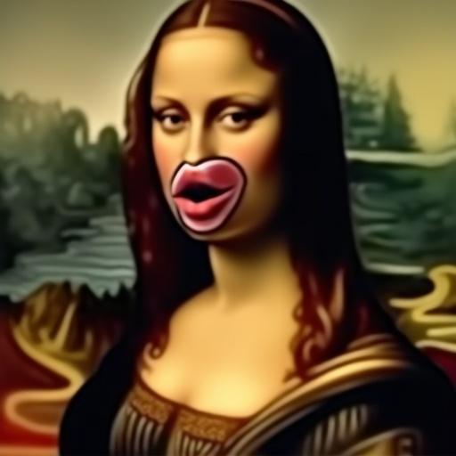 Portrait inspired by Mona Lisa featuring exaggerated lips resembling those of Angelina Jolie. Full body view showcasing iconic landscape in the background.