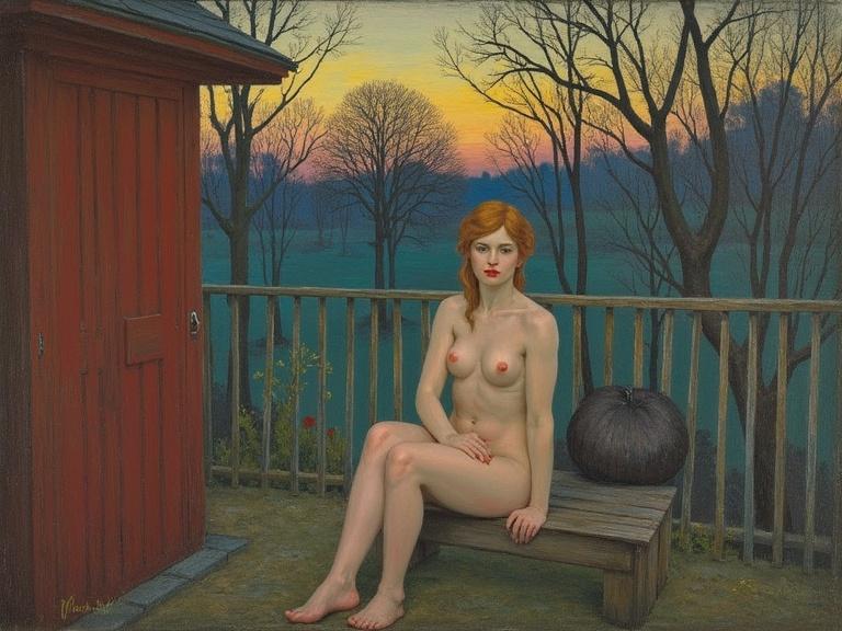 A nude figure is seated on a wooden bench in a serene twilight landscape. The background features a sunset with muted colors and bare trees. A large dark pumpkin-like object rests beside the figure. The painting exhibits a Post-Impressionism style and reflects the essence of spring. This work is reminiscent of early art from the Group of Seven.