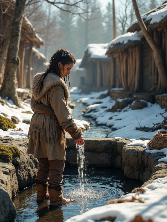 Photorealistic scene depicting a young woman from a northern post-apocalyptic Bronze Age village washing clothes beside a raised stone aqueduct flowing through the settlement. Late spring morning in a cold climate. Patches of melting snow cling to shaded areas. The woman wears layered clothing with a wool tunic and bark-fiber overdress. Her sleeves are rolled up with fur-lined cuffs and leather sandals. Includes woven baskets, mossy huts, and driftwood totems with bronze inlays. No modern objects or tropical elements.