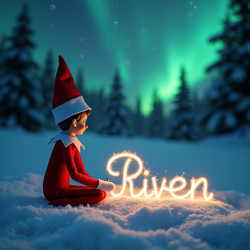 Elf on the shelf writing Riven in the snow with magical lights.