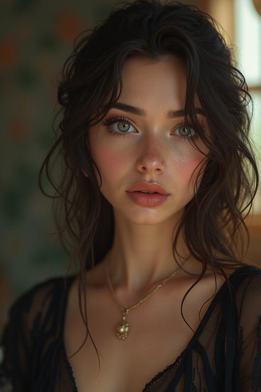 A close-up portrait of a young woman with captivating green eyes. She has soft, natural makeup and loose, wavy hair. The background has subtle, floral patterns. The lighting is soft and warm, emphasizing her features. She wears a delicate necklace that adds a touch of elegance.