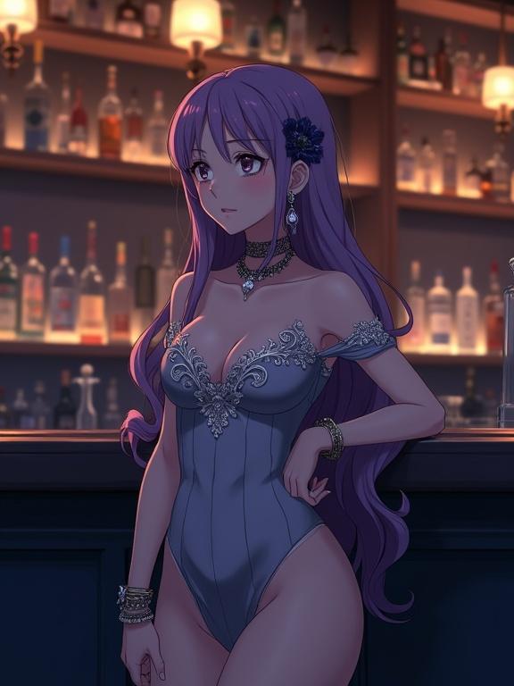 In a vertical orientation a detailed anime rendering showcases a woman with long violet hair standing with her back against a dark bar counter in a dimly lit bar interior. The view extends to her knees capturing her posture and intricate details of her rich off-the-shoulder gown with a subtle shimmer. Silver embellishments form swirling floral patterns along the neckline. She wears a choker-style necklace with dangling elements and elaborate earrings along with multiple bracelets. A small dark blue flower accessory adorns her hair. The bar has well-stocked shelves with liquor bottles and warm-toned chandeliers creating an inviting ambiance.