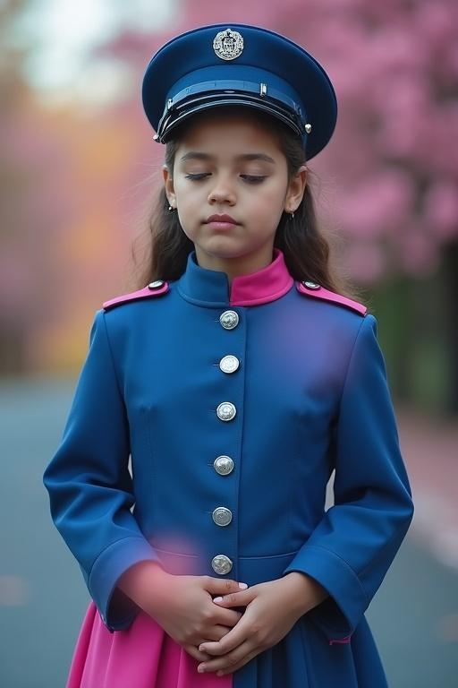Medium shot of a young person in military-style dress. Dress transitions from navy blue to vibrant pink. Matching blue cap with silver emblem. Subject has closed eyes and clasped hands. Soft natural lighting with dreamy atmosphere. Bokeh effects in blues, pinks, and yellows.