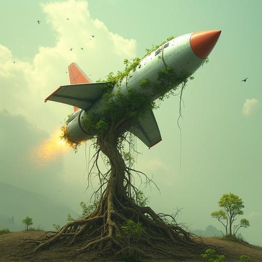 Rocket ship emerges from soil resembling a tree. Digital painting featuring surreal nature fusion style. Vines wrap around the fuselage. Roots replace rocket engines. Soft greens and silvers dominate the scene. Ethereal morning light enhances the atmosphere.