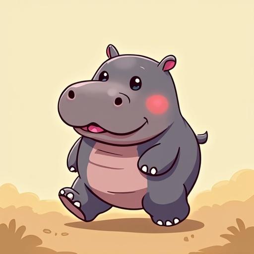 A happy hippo walking in anime style. The hippo has a big smile and rosy cheeks. It's in a cheerful environment with soft colors. The overall look is cute and engaging.