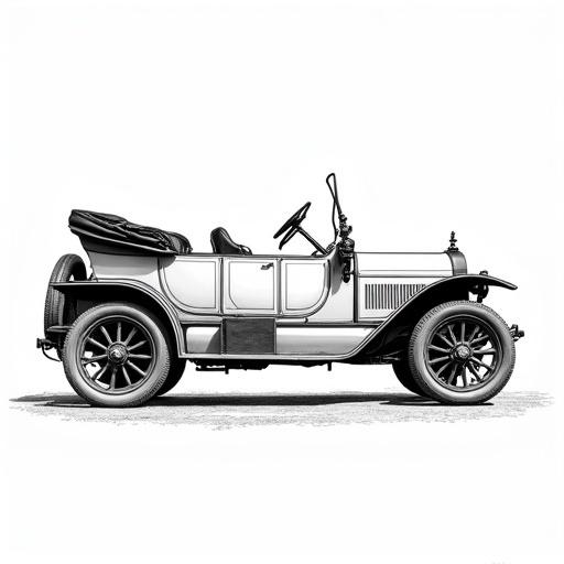Crisp black and white line art depiction of a vintage convertible car from the early 1900s. Features prominent steering wheel, externally mounted gear and brake levers, well-defined tufted seating. Classic well-maintained aura. Clean white background. Clear precise illustration style with rich detail. ¾ front view.
