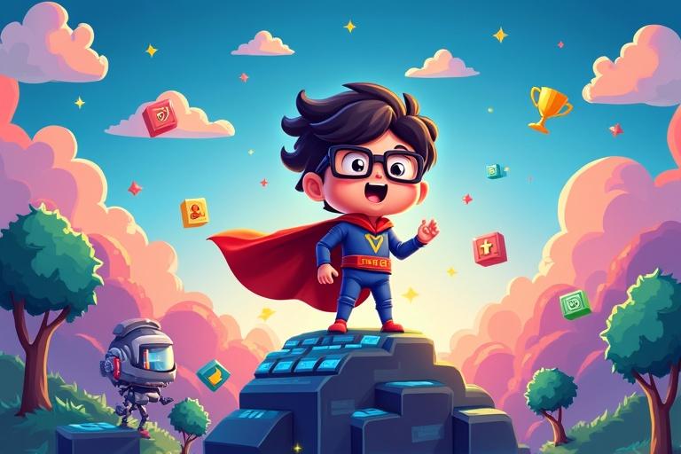 Cartoon YouTube thumbnail with coding theme. Bright and friendly style. Main character: cheerful kid with glasses and cape on a keyboard. Floating icons of programming languages and power-ups. Colorful video game landscape background. Friendly robot sidekick included. Energetic and fun vibe.