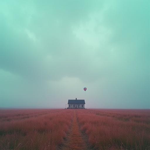 An endless field stretches under an overcast sky. A solitary house sits on the horizon surrounded by tall grass. A colorful hot air balloon floats nearby. The scene evokes an uncanny nostalgic atmosphere with pastel tones and a fluorescent glow. The image resembles grainy 35mm film depicting cinematic hyperrealism.
