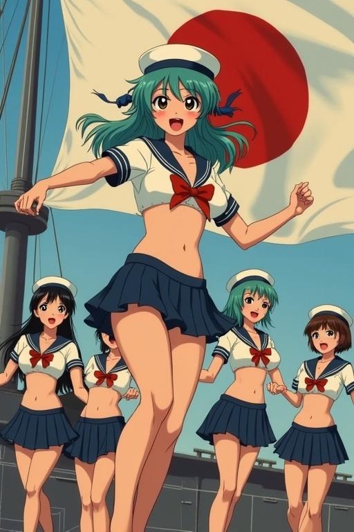 A war propaganda image featuring Hatsune Miku in a sailor uniform. A group of female characters dances joyfully. The backdrop is a Japanese frigate with an imperial flag.