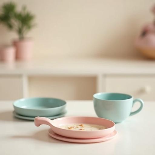 Stylish silicone baby feeding set features pastel colors on a table. The set includes plates, bowls, and cups. Displayed in an aesthetically pleasing arrangement. Designed for safe eating for infants and toddlers.