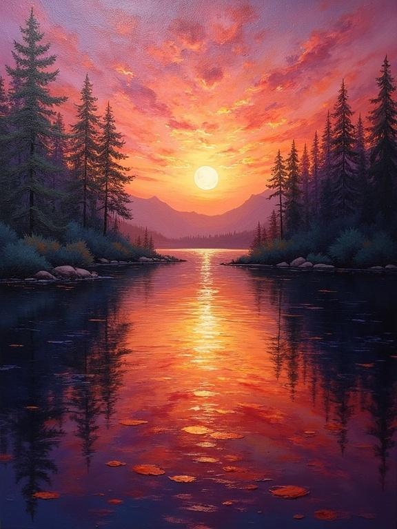 Abstract lakeside landscape at dusk. Layers accentuate shimmer of light on water and surface reflections. Colors transition from deep garnets and violets to warm orange and gold. Central arrangement with light rays. Techniques inspired by old masters.