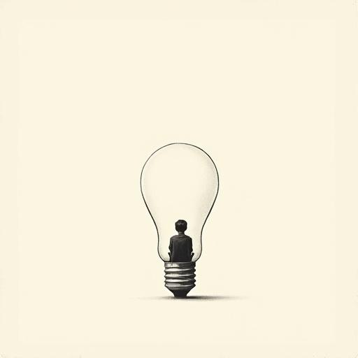 Tiny human figure inside a lightbulb outline. Surreal and minimalist illustration style. Oversized lightbulb object. Vast negative space around the figure. Clean and elegant background. Modern wall art aesthetic. Subtle grain texture adds depth. Poetic tone of the artwork.