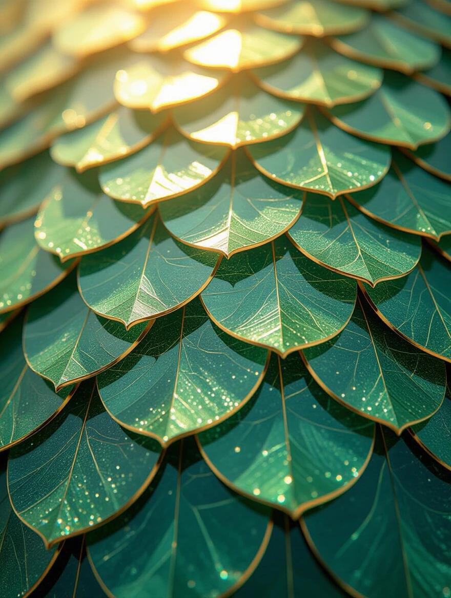 Close-up view of overlapping scales in emerald green and teal. Background shows warm light with golden reflections. Scales have metallic gold edges and glossy surfaces.