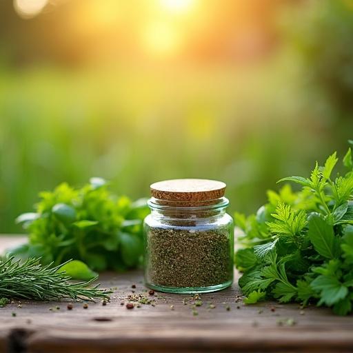 Rustic outdoor wooden table surrounded by fresh green herbs like basil, rosemary, and parsley. Golden sunlight creates a dreamy organic feel in a lush garden atmosphere. Casual picnic-style background with the spice jar centered and sharp. Soft background blur enhances the freshness of the herbs.