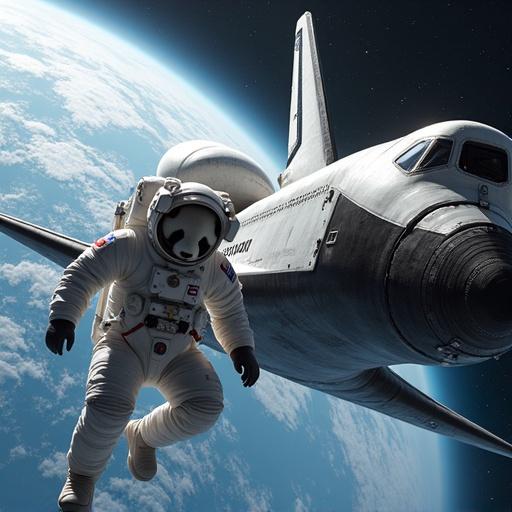 A highly realistic image features a panda in a NASA astronaut suit in space. The panda floats near a NASA space shuttle with open cargo bay doors. Earth appears in the background with oceans, clouds, and landmasses. Sunlight creates shadows on the panda and shuttle.