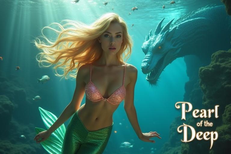 A golden-haired mermaid with glowing skin and large expressive eyes floats underwater. She wears a pearl-pink bra and a green scaly tail. Magical fish surround her. Sunlight rays filter from the surface. A mystical sea dragon glows in the background. Ancient underwater temple ruins are visible. The scene has vibrant colors in a fantasy film poster style. Text 'Pearl of the Deep' appears in a glowing fantasy font.