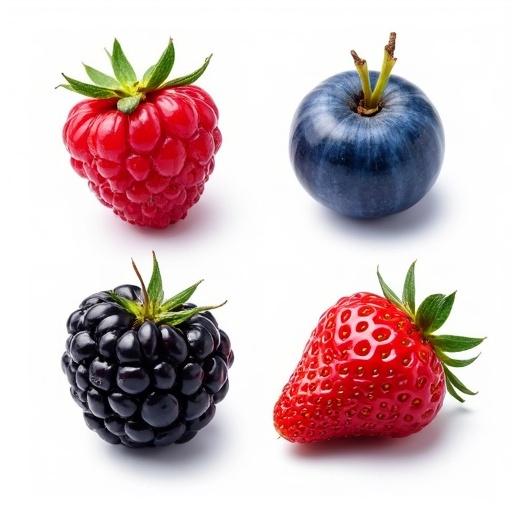 Isolated berries include raspberry blackberry blueberry and strawberry against a white background with clipping path