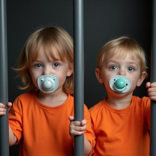 Two children play in a jail cell. They hold large pacifiers in their mouths. They wear orange jail jumpsuits. Their mother pretends to swallow the key.