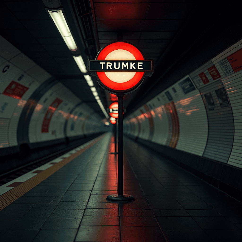 A dimly lit underground subway station with a glowing red sign saying 'TRUMKE'.