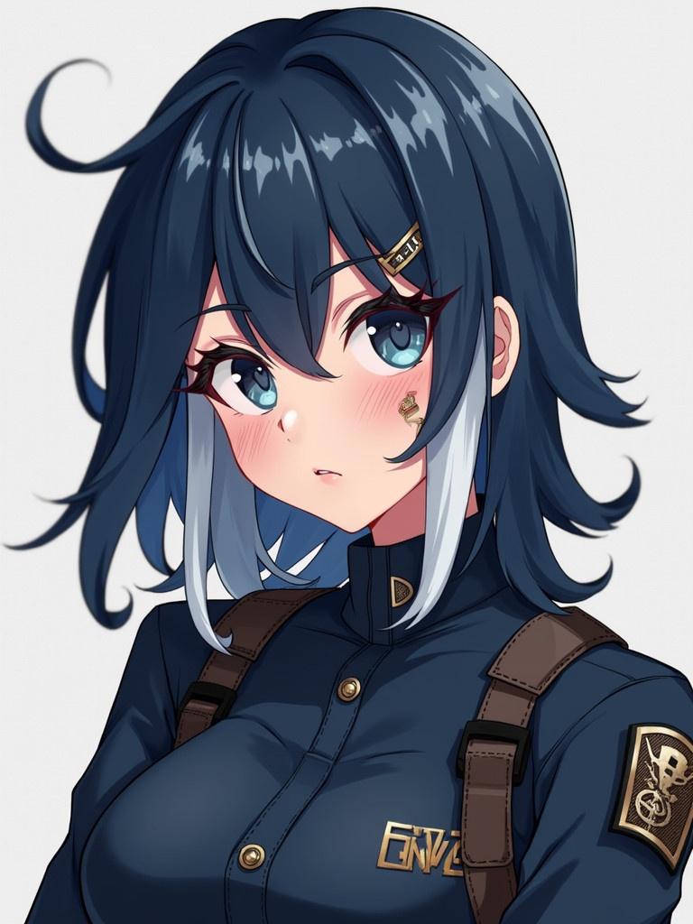 Female character with dark blue hair and tips. Character has facial scars and wears an enforcer outfit. Height 5'6". Alignment with Piltover. Relationship with Caitlyn Kiramman.