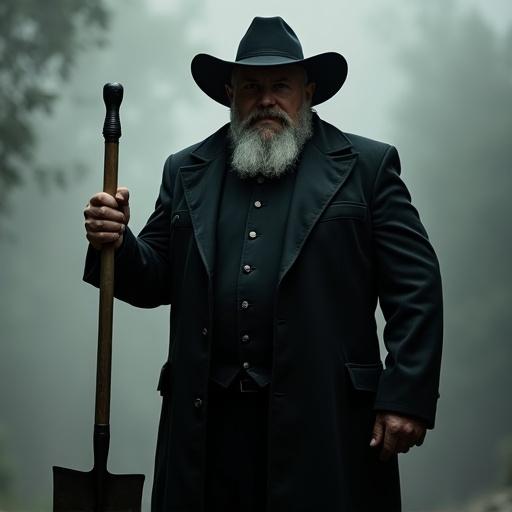Image of a large man dressed in black funeral clothing and a black cowboy hat. He is holding a shovel. The man has a muscular build and wide shoulders. He has a clean-shaven face.