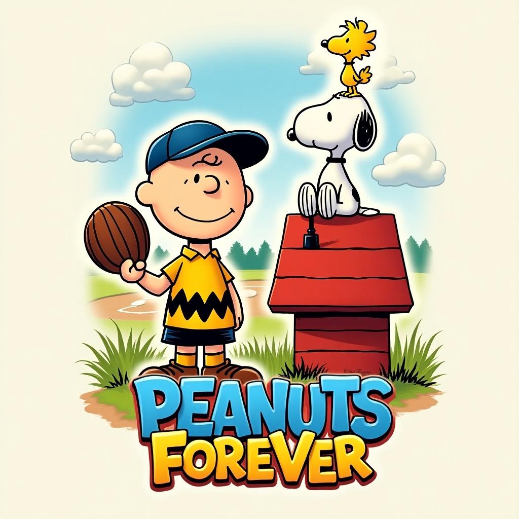 Design a T-shirt featuring Peanuts characters in a vibrant scene. Centered on Charlie Brown holding his glove, Snoopy on his doghouse, and Woodstock flying. Characters in semi-realistic 3D style with glowing outlines. Background includes sunny elements and a baseball field. Color palette bright and cheerful. Text at the bottom reads 'Peanuts Forever' in playful, 3D bubble font.