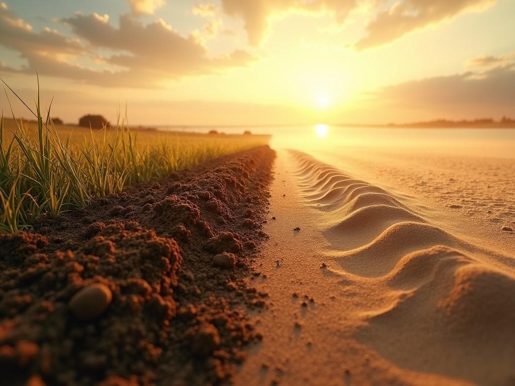 The image depicts a serene evening scene where the sun sets over a beautiful landscape. On one side, lush green grass meets rich brown soil, while on the other, soft sand stretches toward a calm body of water. The horizontal lines created by the soil and sand create a natural flow towards the horizon. The warm golden light of the setting sun casts a peaceful glow, enhancing the tranquil atmosphere of the environment. It beautifully captures the connection between the earth and the beauty of nature at dusk.