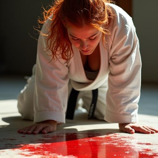 Kneeling female karate fighter with red hair. Upper body leans forward. Elbows touching the floor. Looking down at red spots on the floor. Gym clothing visible. Sunlit dojo environment.
