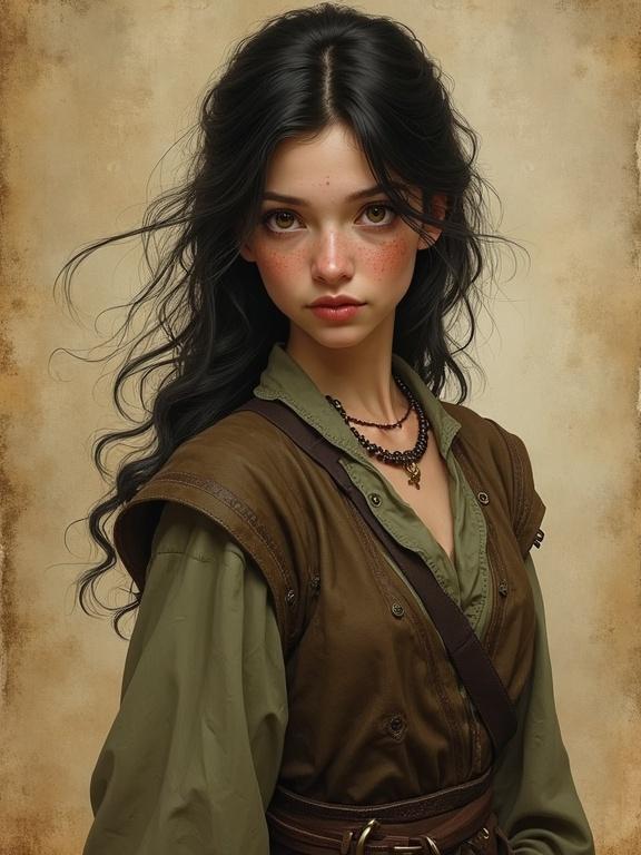 Portrait of a halfling with dark hair and freckles. Character appears as a thief. Brown eyes reflect a sense of adventure. Background features worn parchment texture. Digital artwork styled in a semi-realistic manner. Inspired by fantasy themes.