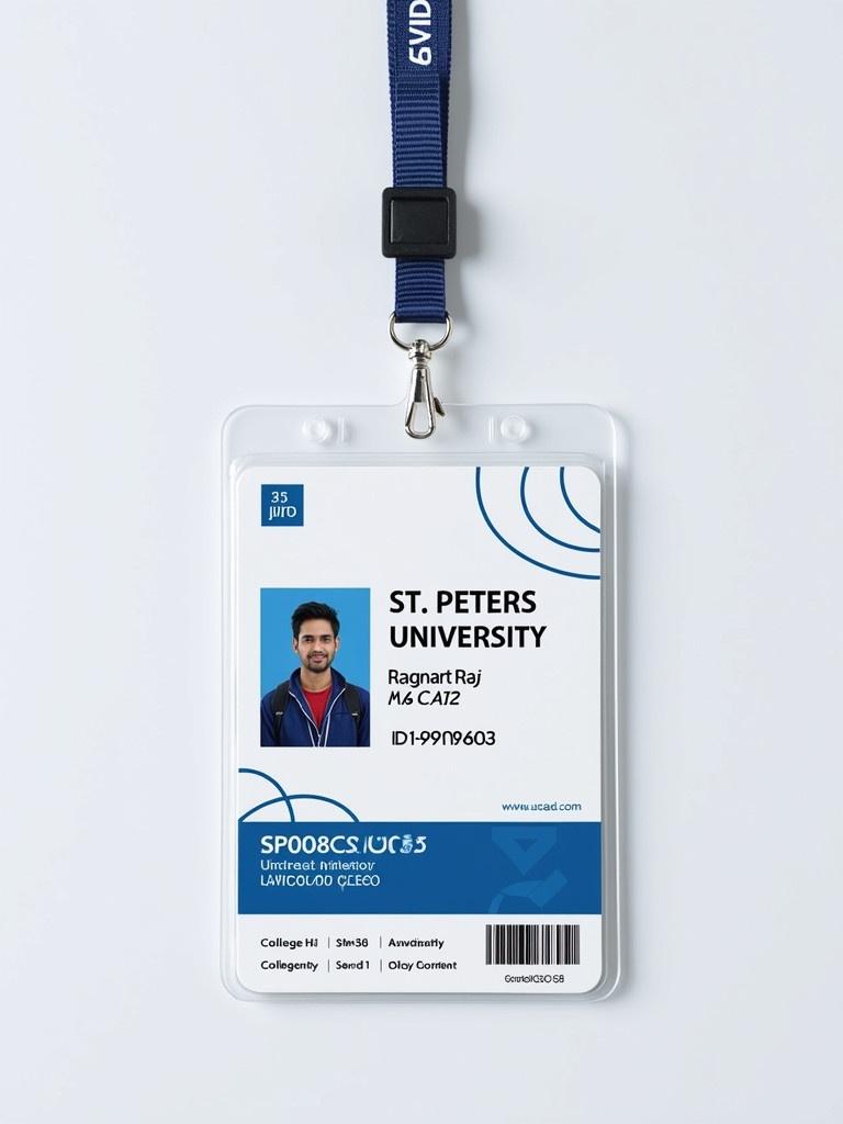 Image of a student ID card featuring blue and white design. Includes name Ragnar Raj and student ID number SP08CSU055. College St. Peters University displayed. Lanyard attached for carrying.