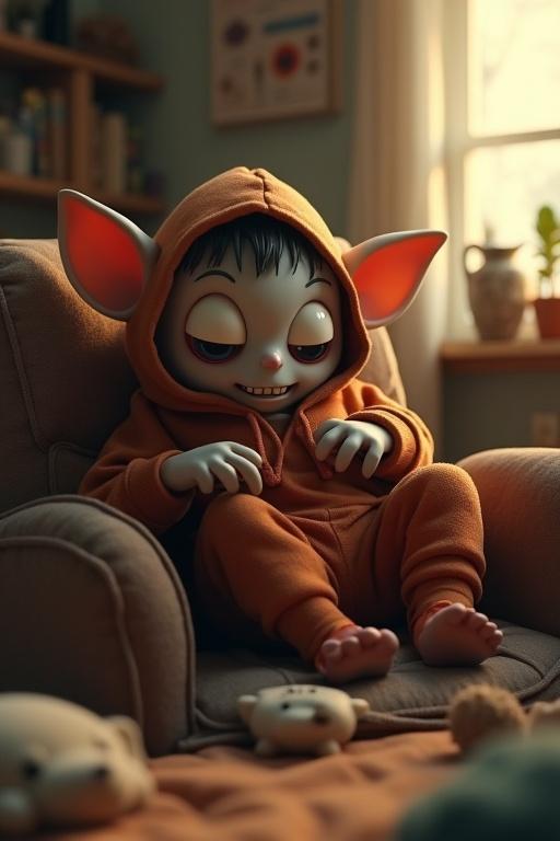 A hyperrealistic 3D cartoon humanoid creature with oversized eyes huge ears and sharp little teeth curled up on a chair in a messy bedroom with warm morning light wrapped in an oversized hoodie looking paranoid with darting eyes and clenched teeth surreal cartoon style with dramatic shadows and depth of field.