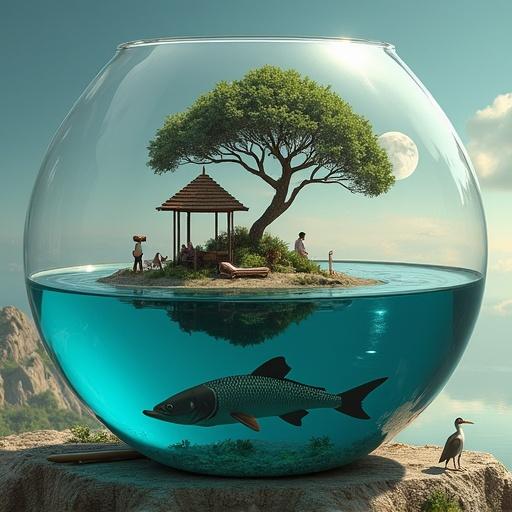 Image of a miniature ecosystem in a transparent cylinder. At the center, a small island with a large tree and a wooden cabin. Characters relaxing under the tree. Water surrounds the island with a pond or lake. Below water, detailed underwater scene with vegetation and a large fish. Canoe on the edge and a bird perched on a stick. Full moon in a soft sky above.