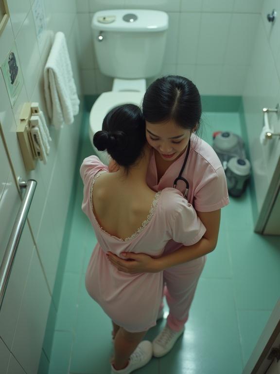 Overhead shot capturing the embrace of a nurse and patient in a bathroom. The nurse wears a light pink outfit with a stethoscope. The atmosphere feels warm and nostalgic. Image displays gentle lighting with visible film grain.