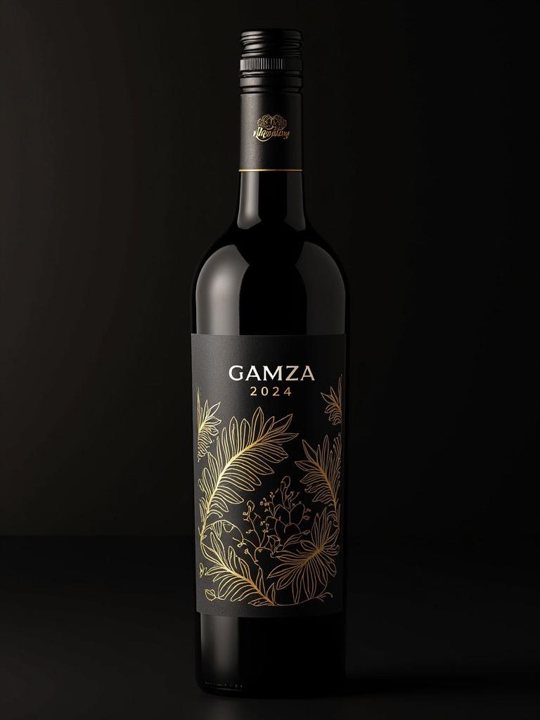 Label design features a luxury wine bottle. Design incorporates elegant elements and gold foil accents. Black background emphasizes a high-end look. Stylized grapevines enhance exclusivity. Prominent name Gamza is centered. Year 2024 is included. Brand name Nekitov is displayed. Theme reflects opulence and refinement for premium wine.