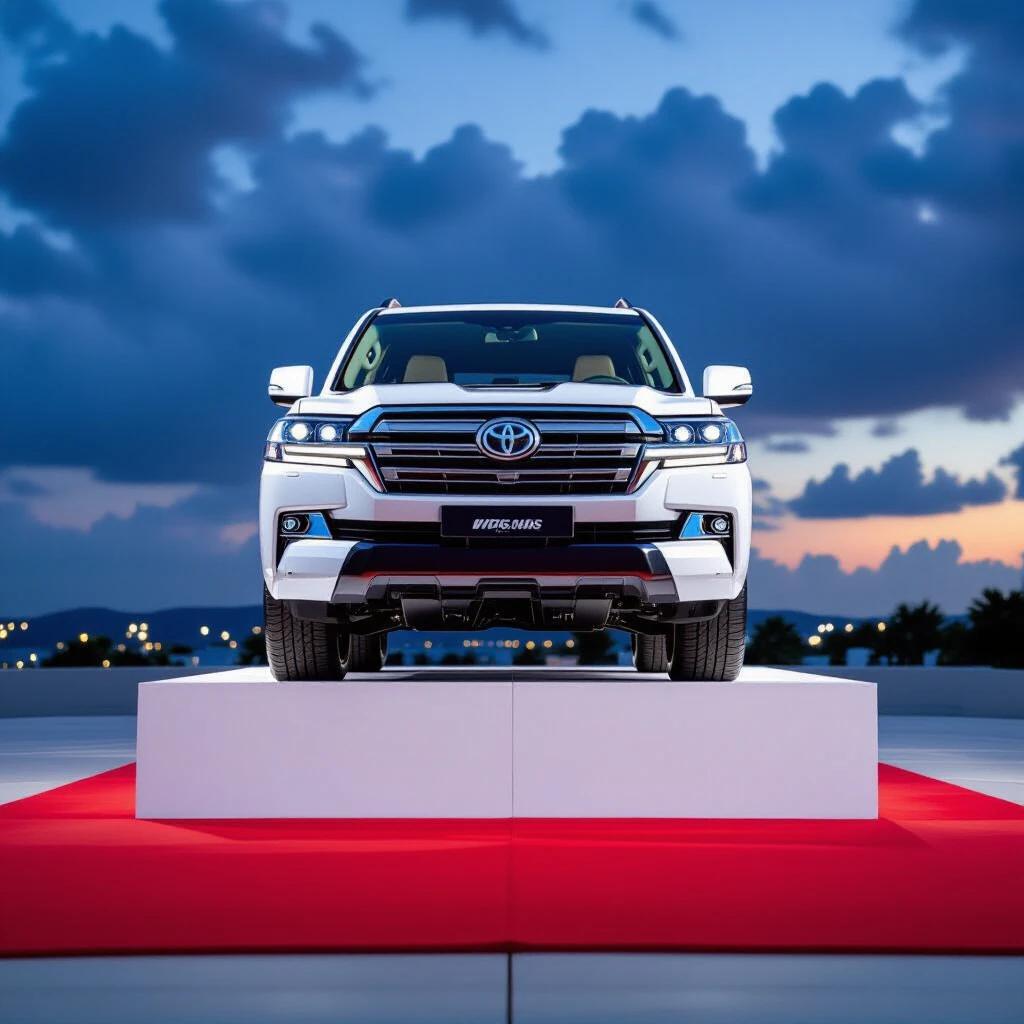 A white Toyota Land Cruiser is parked on a red carpeted white podium. It is viewed from a high front angle. The camera captures the vehicle from above and slightly in front. The focus is on the powerful hood and bold grille of the SUV. The red carpet contrasts with the white body of the vehicle. The background features a sky filled with dark clouds, creating a dramatic atmosphere. Soft lighting enhances the vehicle's glossy finish, making it a focal point of a grand event.