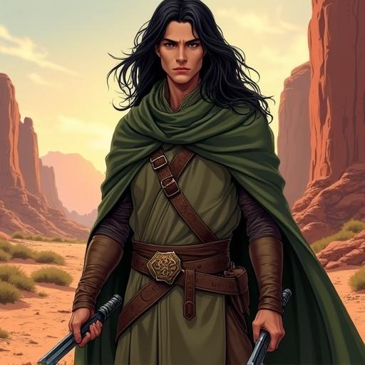Comic book style illustration featuring a young half-elf character wearing a dark olive cloak over a ranger outfit. Character has long wavy black hair. Holds two short swords and an investigator badge. The setting is outdoors in a desert with large red rock formations in the background. Lighting is soft and warm, indicating either sunrise or sunset. The image showcases a realistic art style with detailed textures.