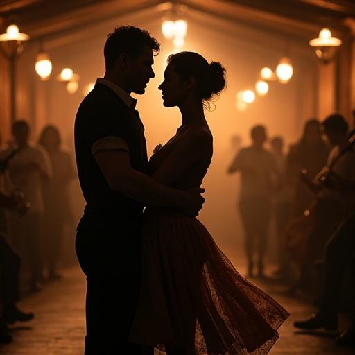 A couple of dancers perform the tango in the Academia San Felipe in Montevideo. The image captures a close-up of their bodies amidst a vibrant cultural setting. The dancers are engaged in a complex figure of tango, showcasing their skill and emotion. The environment includes warm, dim lighting and the surroundings of a dance hall. Visible elements include a stage with musicians and a hint of their instruments. The color palette features rich earthy tones, symbolizing the vitality of tango. The atmosphere feels intimate and intense, emphasizing the connection between the dancers.