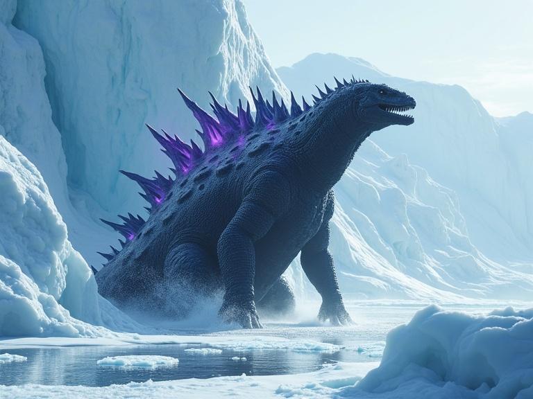 A massive black creature with spikes emerges from a glacial landscape. The scene shows a sunny Antarctica with bright glaciers. The creature boasts dark purple and blue glowing spines. Ice and snow fall off as it roars. Cracking ice adds tension to the atmosphere. Realistic textures enhance the visual experience.