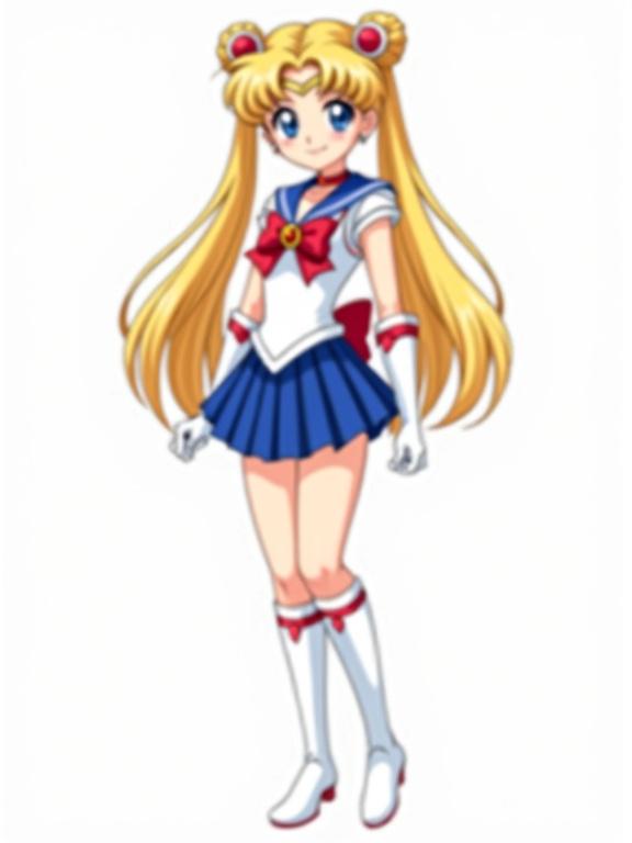 Three-quarter view anime girl in traditional Sailor Moon outfit. Golden blonde hair with twin buns and pigtails. Bright blue eyes reflect kindness and strength. Wears white sailor-style uniform with red bow and blue skirt. Knee-high white boots with red stripe. Gold crescent moon tiara on head. Elegant posture ready for battle. Clean lineart with soft shading.