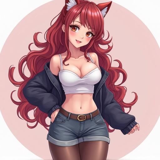 Curvy anime girl with long red hair and fox ears. Wearing a white top, black jacket, and denim shorts. Standing confidently against a soft pink background.