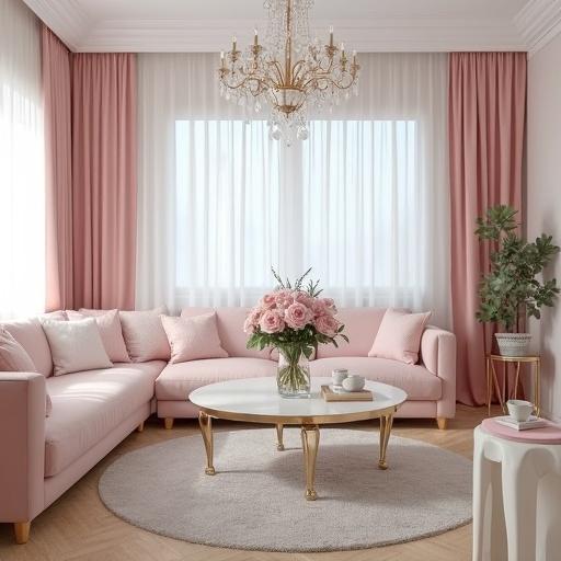 Photo of a light pink and white cottagecore living room with cream accents. Features a crystal chandelier and a vase of light pink roses on a coffee table.