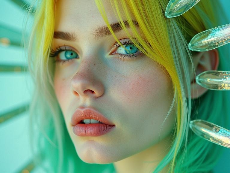Close portrait of a young woman. She has vivid blue eyes. Shoulder length green and yellow striped hair with silver tips. Pale skin with green and yellow stained glass patches. Bold colors and gradients create a surreal effect.
