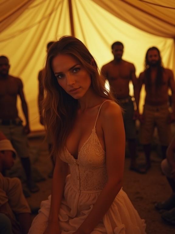 Elegant woman in a mini dress in a well-lit tent surrounded by rugged men. Image shows warm colors and low resolution typical of old phone cameras. The scene evokes a unique aesthetic with soft edges and artistic qualities.