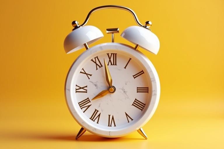 A modern alarm clock made of marble. Clock features gold hands and Roman numerals. Background is a smooth saffron gradient. The overall look is a glossy 3D render.