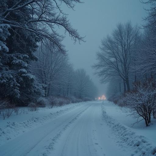 Snowy landscape with a dark aesthetic. Trees outlined by snow on either side of a road. Soft light creating an ethereal atmosphere.