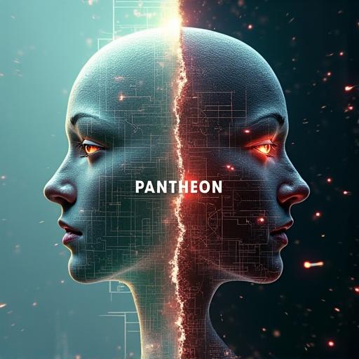 Dynamic split composition illustrating Utopia vs Dystopia in digital space. Utopian side shows glowing human head transforming into networks. Dystopian side depicts digital confinement and degradation with cold grids. Central element is destructive visual of Deep Scan. Text overlay includes 'Pantheon: A Digital Utopia Dystopia'.